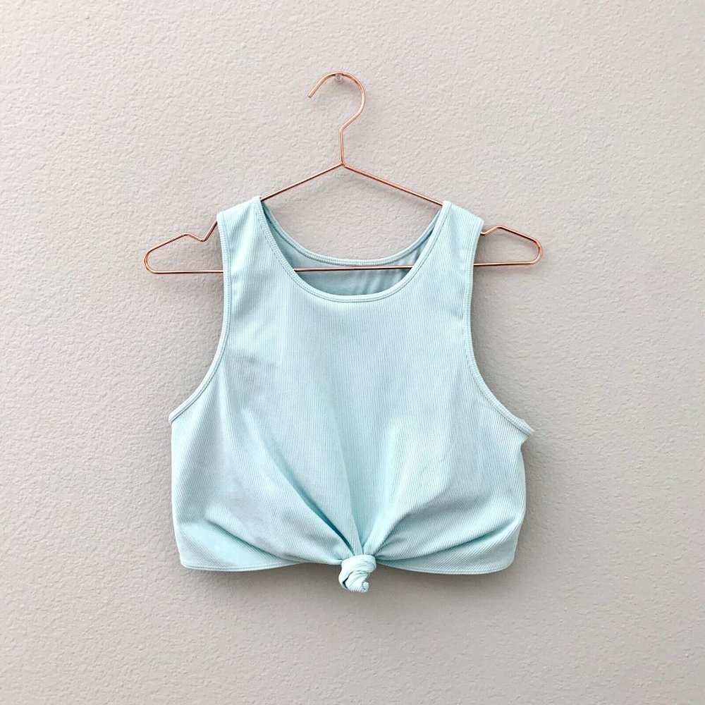 Gap GapFit Ribbed Blackout Twist-Knot Cropped Sports Bra Aqua Size L - Picture 2 of 9